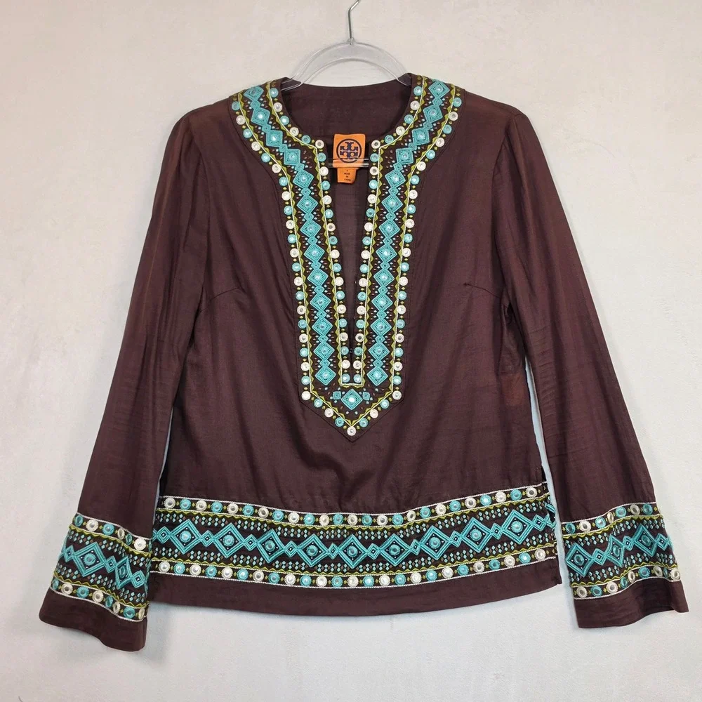 Tory Burch Tunic Women 2 Brown Boho Coastal Festival Embroidered Blue Resortwear